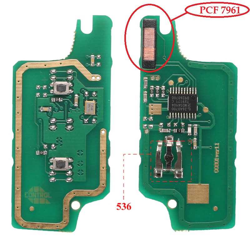 Carte electronique pour Telecommande 2 boutons de type CE0536, Frequence ASK, Transpondeur de type PCF7961 2B-536-ASK-PCF7961