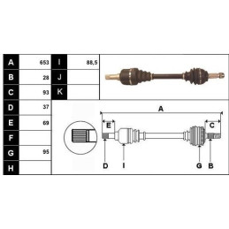 Arbre de transmission, cardan avant gauche pour CITROEN Jumpy II/DS 5/FIAT Scudo II/PEUGEOT Expert II, RCZ/TOYOTA Proace I T2...